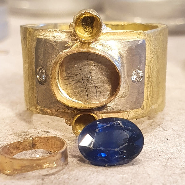Sapphire and Diamonds on White and Yellow Gold